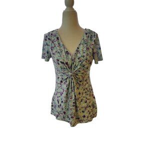 Daisy Fuentes Dressy Sexy y2k Babydoll Style Top Green Purple Floral XS